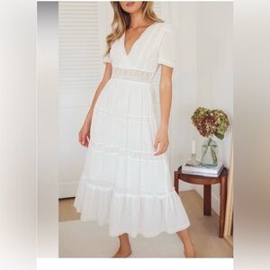 Lulus Women Dress Maxi Size M White Eyelet Short Sleeves V Neck Cotton New